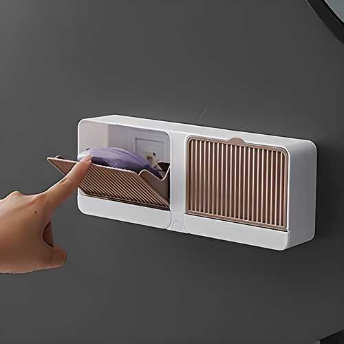 Wall-Mounted Double Bar Soap Box with Lid – Self-Adhesive, Waterproof, Durable Plastic Soap Holder (2 Compartments, Pack of 1)