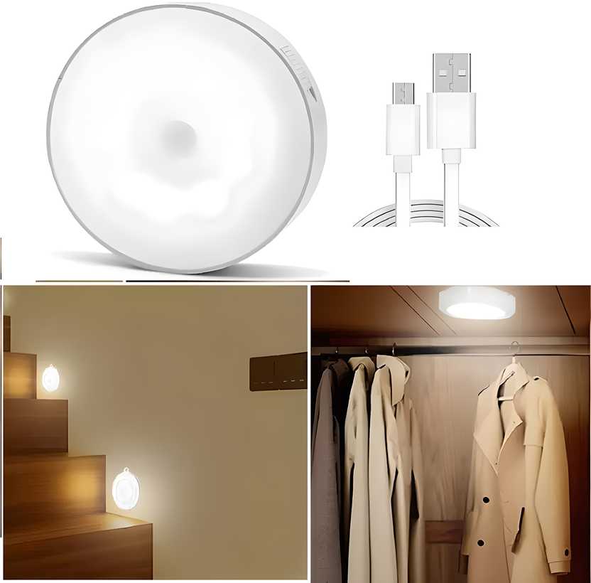 Motion Sensor LED Night Light – USB Rechargeable, Wireless, Self-Adhesive Smart Lamp for Wardrobe, Bedroom, Hallway & Bathroom (White, 3.35 cm)