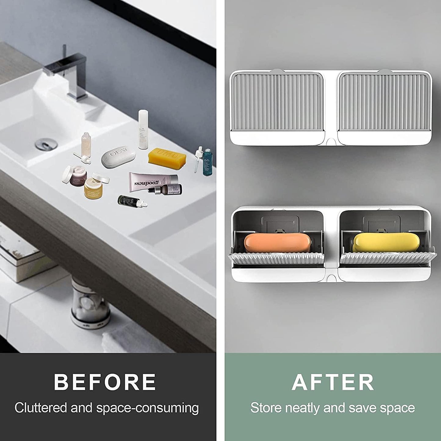 Wall-Mounted Double Bar Soap Box with Lid – Self-Adhesive, Waterproof, Durable Plastic Soap Holder (2 Compartments, Pack of 1)