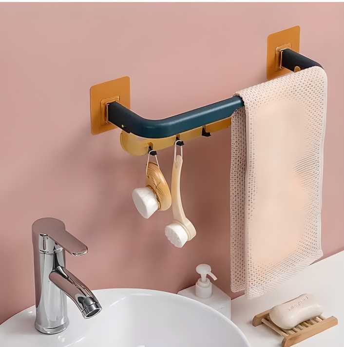 Double Layer Plastic Towel Rack with Hooks – Foldable, Wall-Mounted Multi-Purpose Organizer for Bathroom & Kitchen (Multi-Color, Pack of 1)