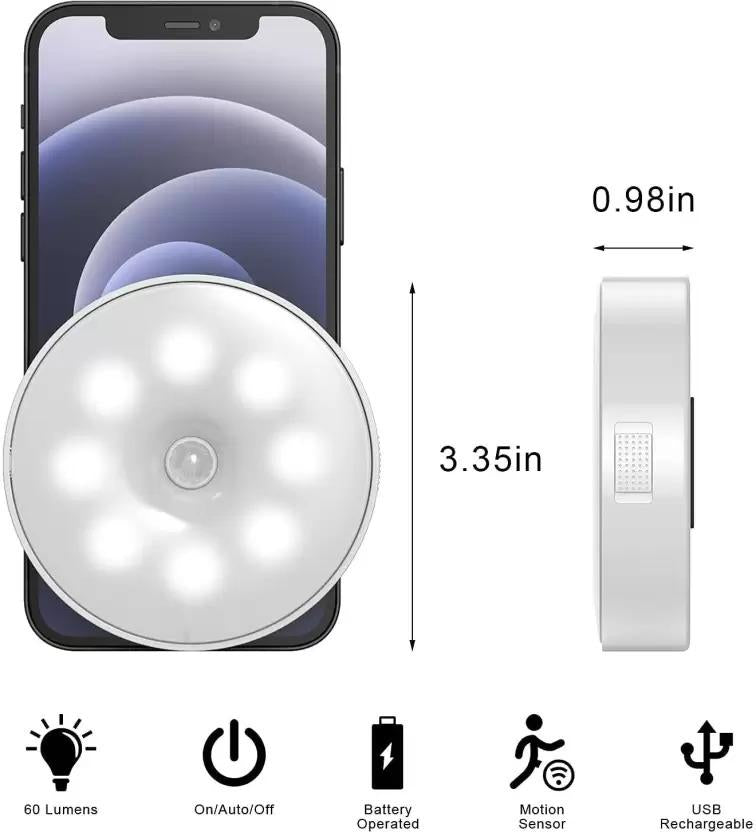Motion Sensor LED Night Light – USB Rechargeable, Wireless, Self-Adhesive Smart Lamp for Wardrobe, Bedroom, Hallway & Bathroom (White, 3.35 cm)