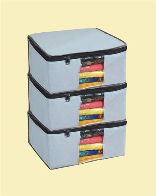 Saree Cover – Solid Non-Woven Fabric Saree Organizer with Zip Closure (Pack of 3, Grey, Fits 10–12 Sarees Each)