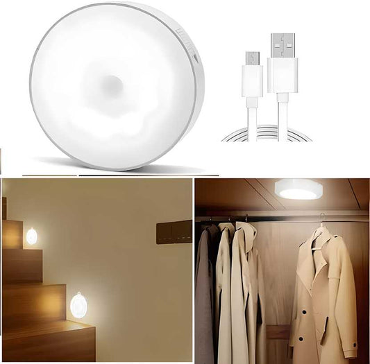 Motion Sensor LED Night Light – USB Rechargeable, Wireless, Self-Adhesive Smart Lamp for Wardrobe, Bedroom, Hallway & Bathroom (White, 3.35 cm)
