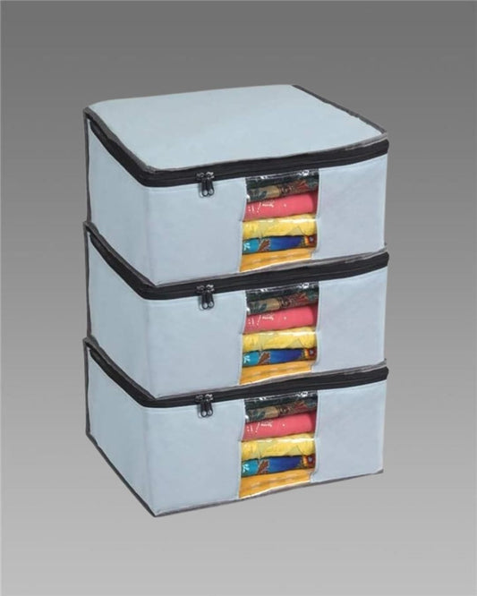 Saree Cover – Solid Non-Woven Fabric Saree Organizer with Zip Closure (Pack of 3, Grey, Fits 10–12 Sarees Each)