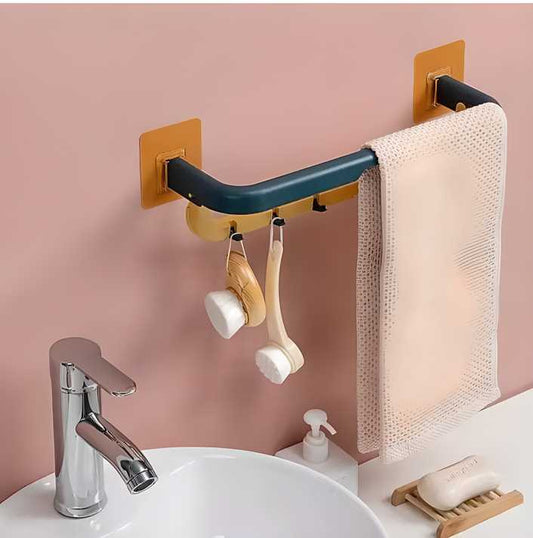 Double Layer Plastic Towel Rack with Hooks – Foldable, Wall-Mounted Multi-Purpose Organizer for Bathroom & Kitchen (Multi-Color, Pack of 1)