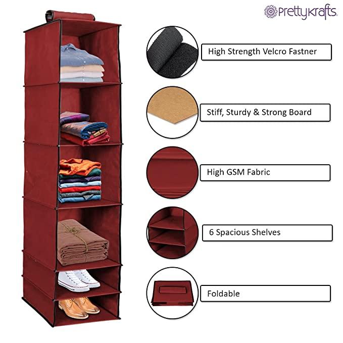 Foldable Hanging Wardrobe Organizer – 6 Shelf Non-Woven Closet Hanging Storage (Pack of 1)