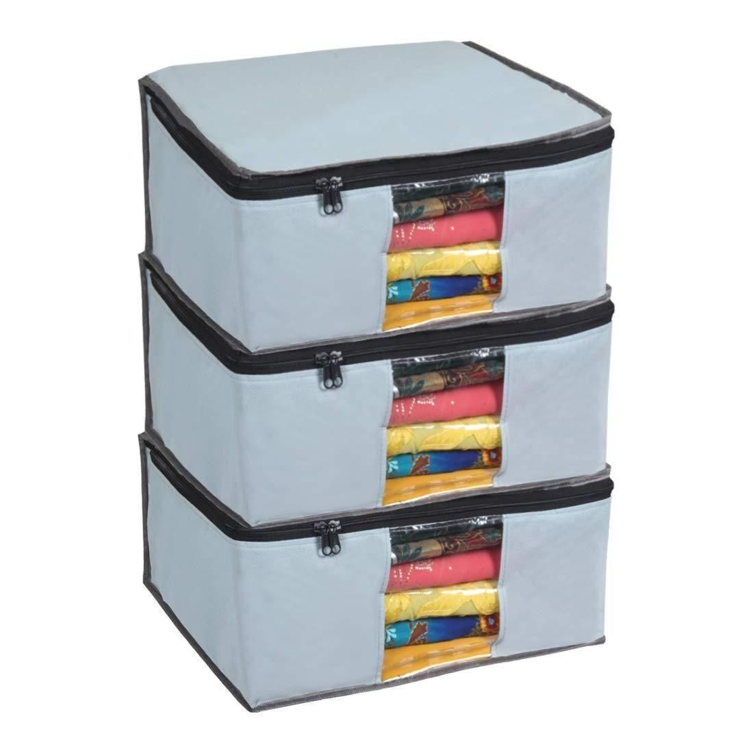 Saree Cover – Solid Non-Woven Fabric Saree Organizer with Zip Closure (Pack of 3, Grey, Fits 10–12 Sarees Each)