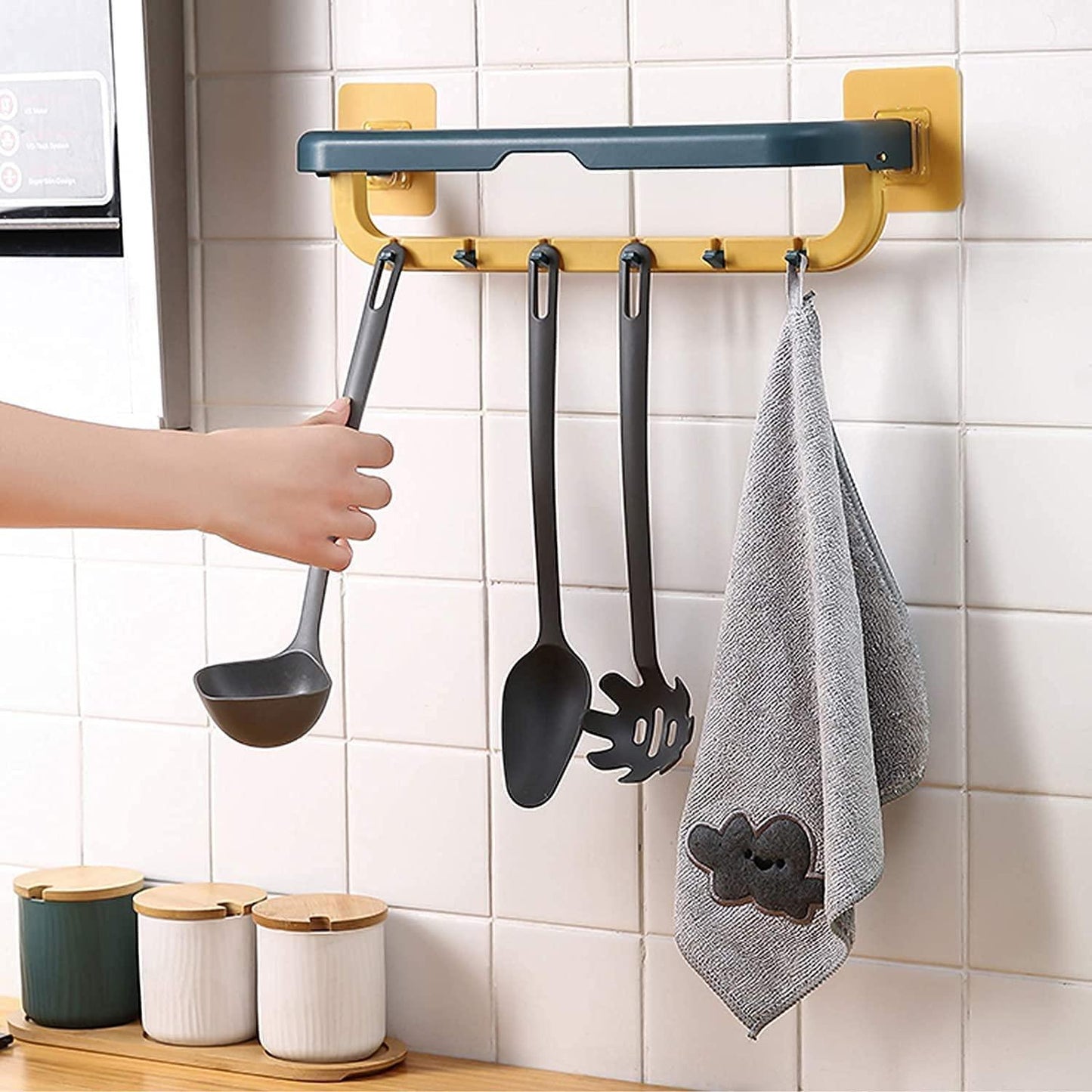 Double Layer Plastic Towel Rack with Hooks – Foldable, Wall-Mounted Multi-Purpose Organizer for Bathroom & Kitchen (Multi-Color, Pack of 1)