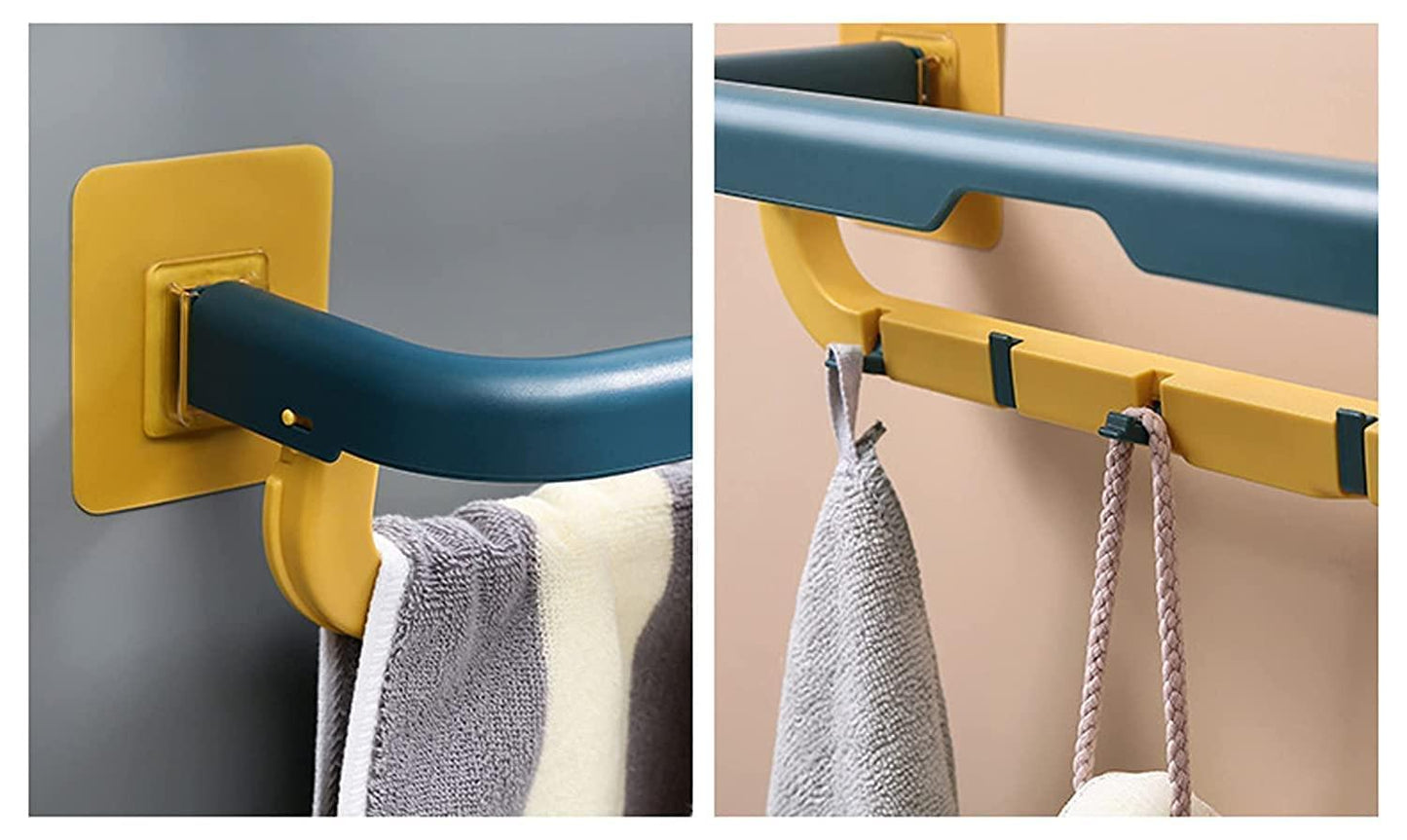 Double Layer Plastic Towel Rack with Hooks – Foldable, Wall-Mounted Multi-Purpose Organizer for Bathroom & Kitchen (Multi-Color, Pack of 1)