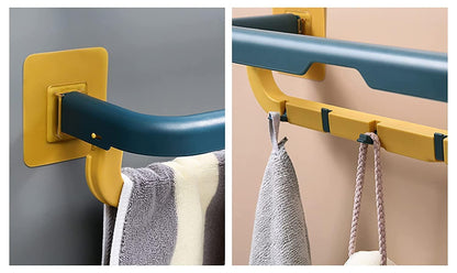 Double Layer Plastic Towel Rack with Hooks – Foldable, Wall-Mounted Multi-Purpose Organizer for Bathroom & Kitchen (Multi-Color, Pack of 1)